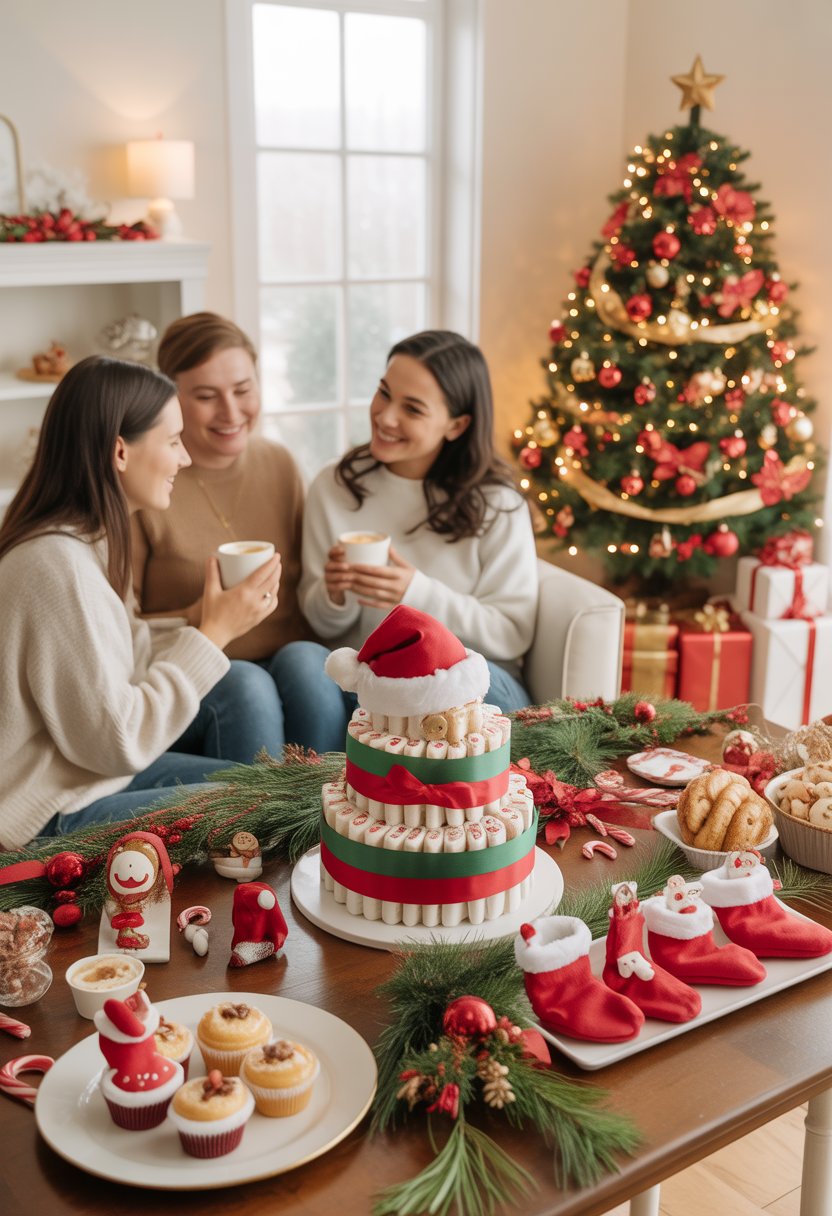 A cozy living room decorated for a Christmas-themed baby shower with a decorated tree, festive decorations, a diaper cake, and guests enjoying the celebration.