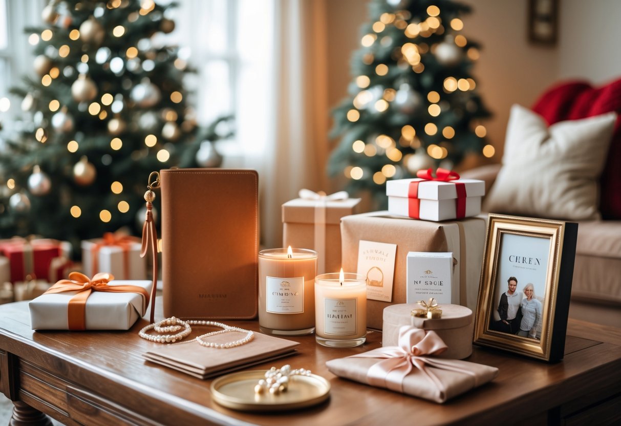 A cozy holiday living room with a decorated Christmas tree and a table displaying various elegant gifts for women.