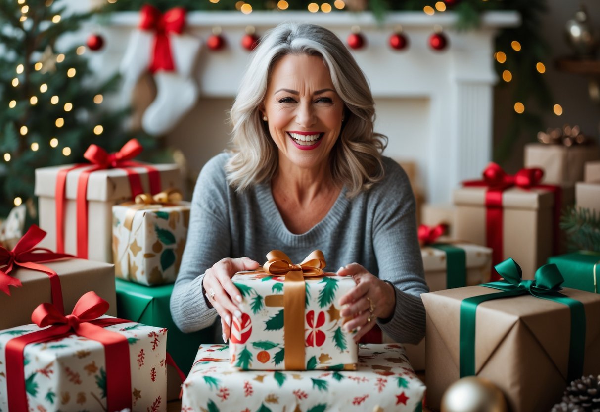 A smiling woman in her 50s opening a wrapped gift surrounded by holiday decorations and festive presents.