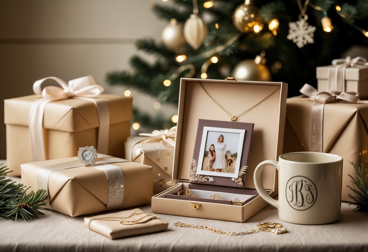 A holiday gift table with wrapped presents, a jewelry box, a photo album, and festive decorations.