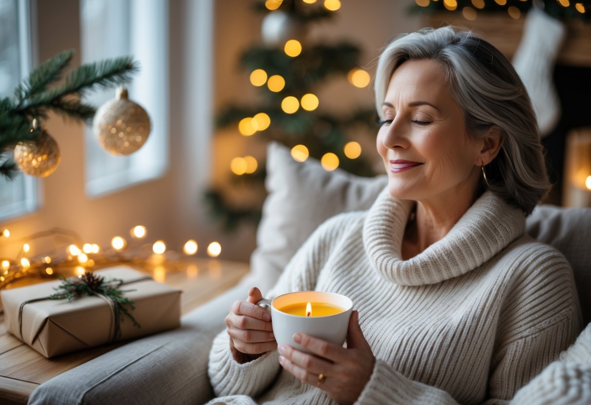 A woman in her early 50s relaxes indoors with a cup of tea, surrounded by subtle holiday decorations and a wrapped gift on a wooden table.