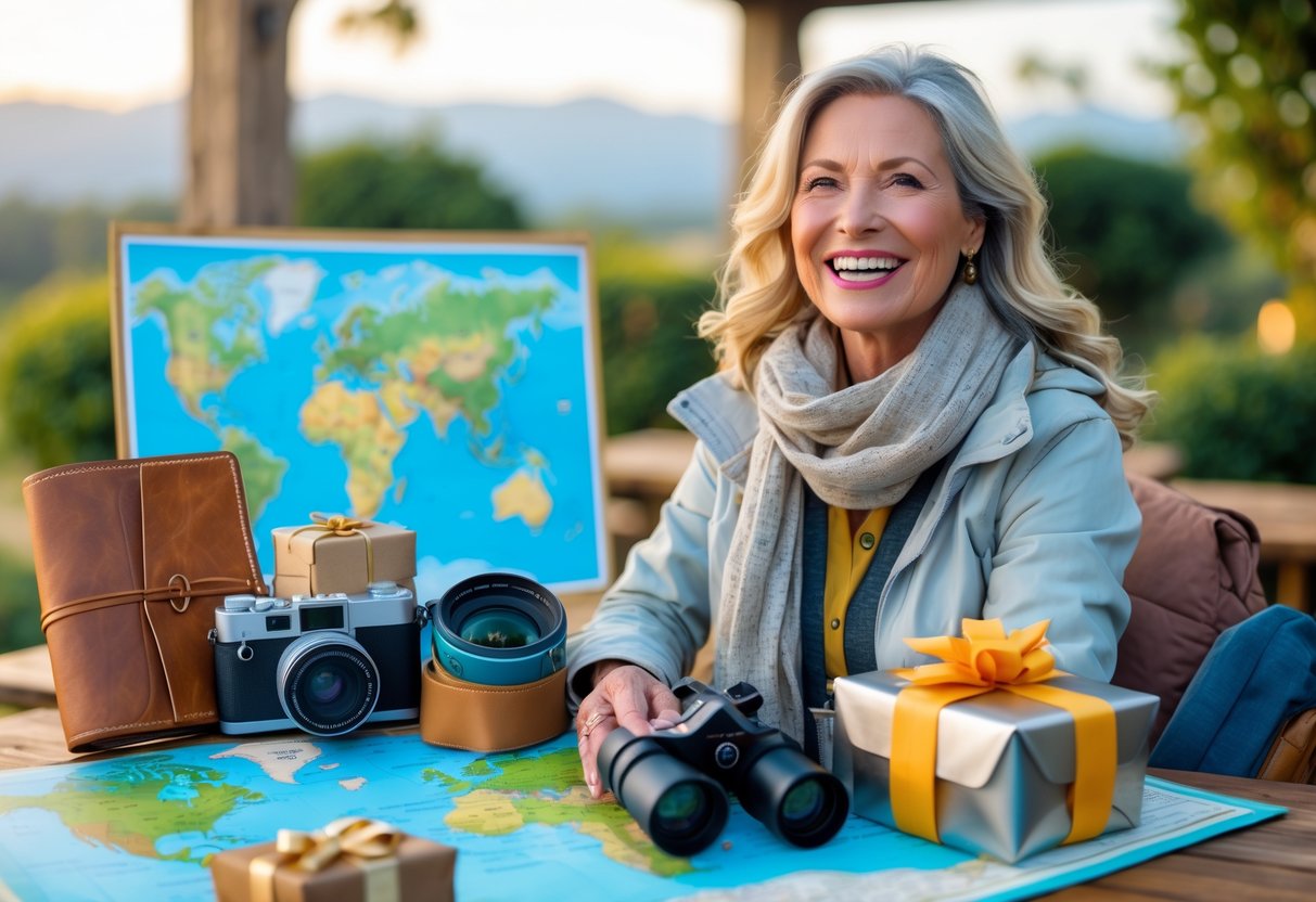 A smiling woman in her 50s outdoors surrounded by travel-themed gifts like a travel journal, map, camera, binoculars, and a wrapped present.