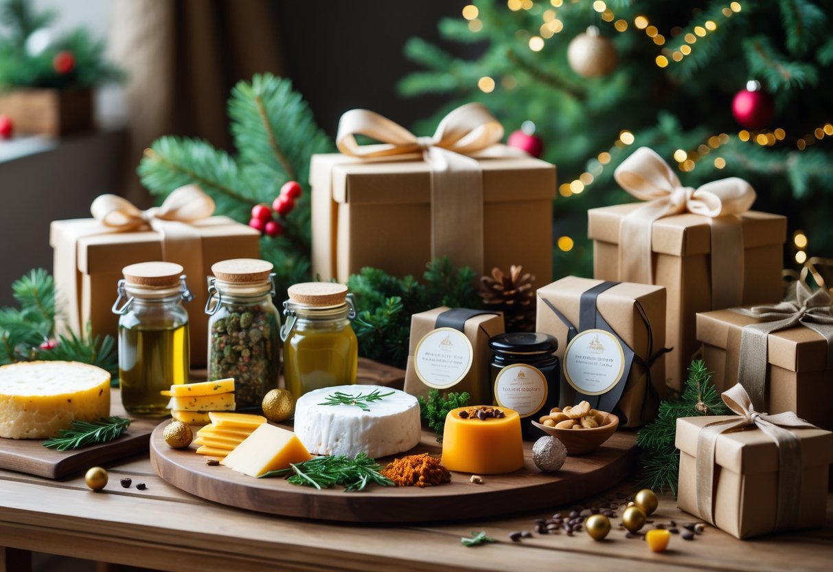 A festive table with gourmet foods, artisanal gifts, and holiday decorations arranged for a 50th birthday celebration.