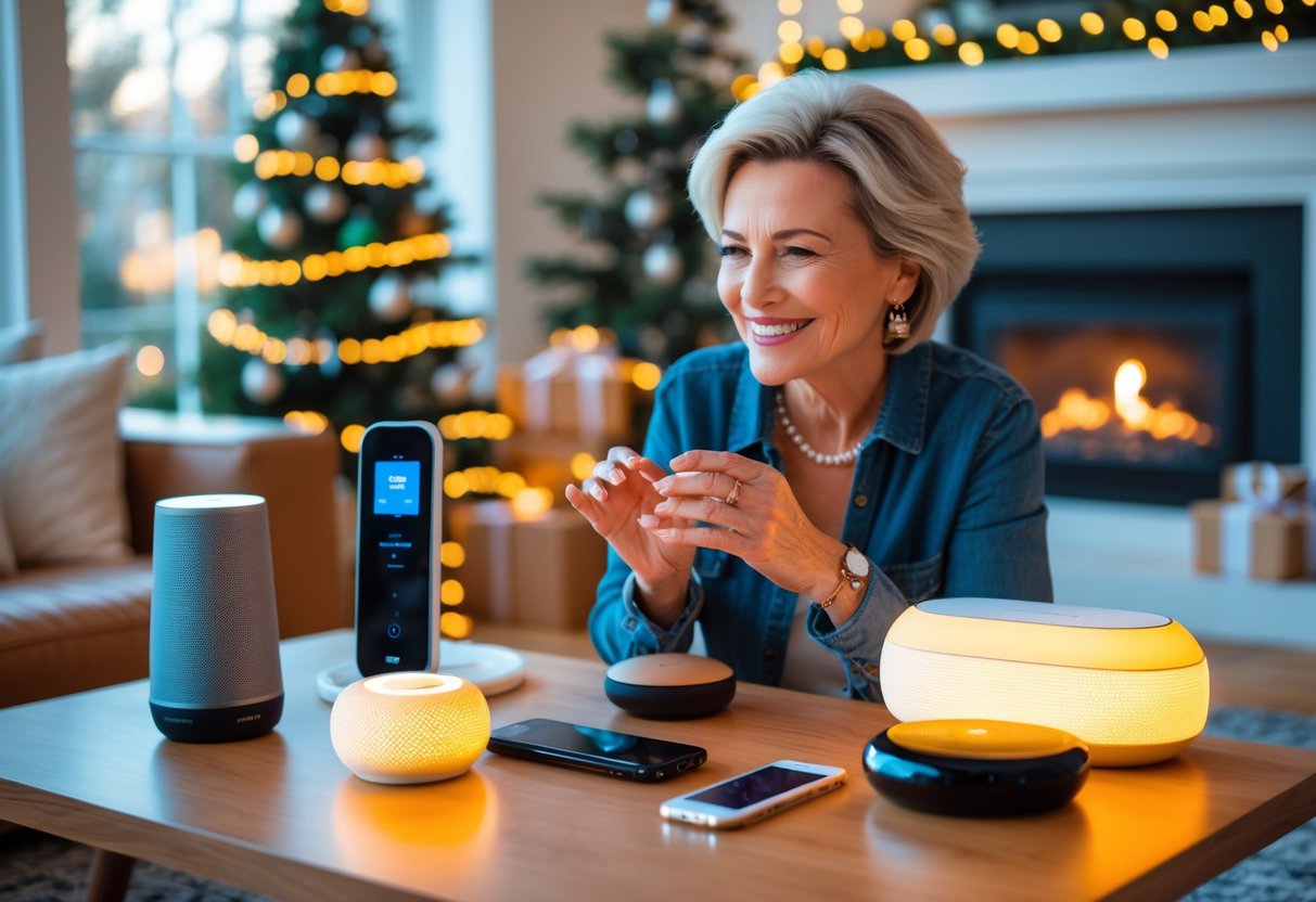 A smiling woman in her 50s interacts with smart home devices on a table in a cozy living room decorated for the holidays.