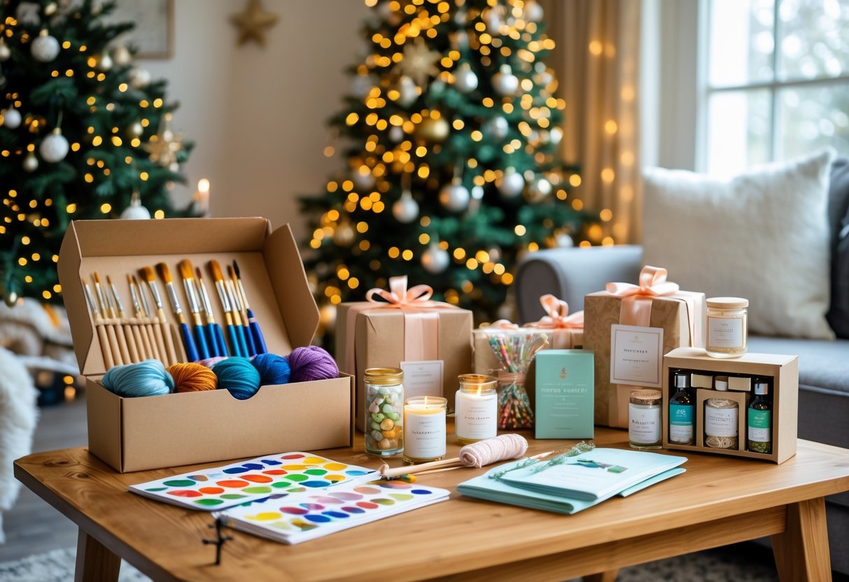 A festive living room with a decorated Christmas tree and a table displaying creative hobby gift sets including art supplies, knitting yarns, candle-making materials, and gardening tools.