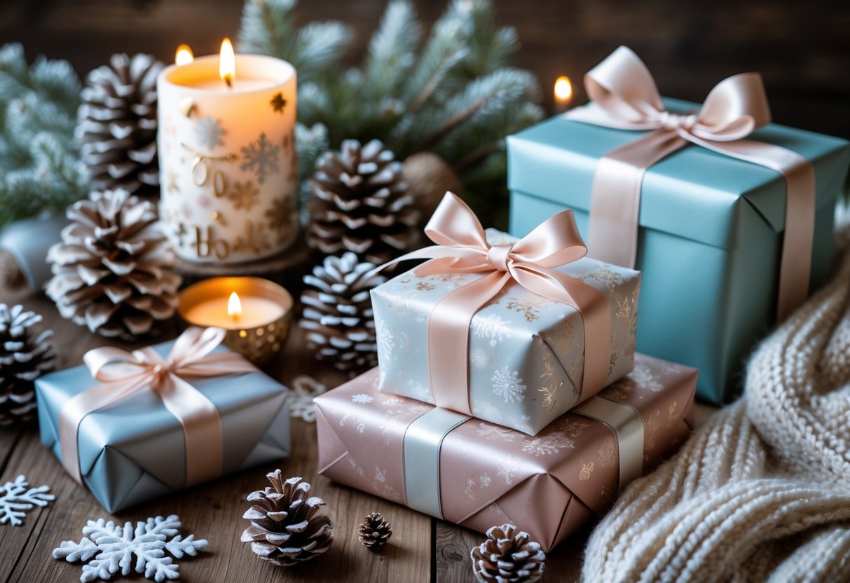 A cozy winter birthday setting with wrapped gifts, a decorated cake, pinecones, and evergreen branches on a wooden table.