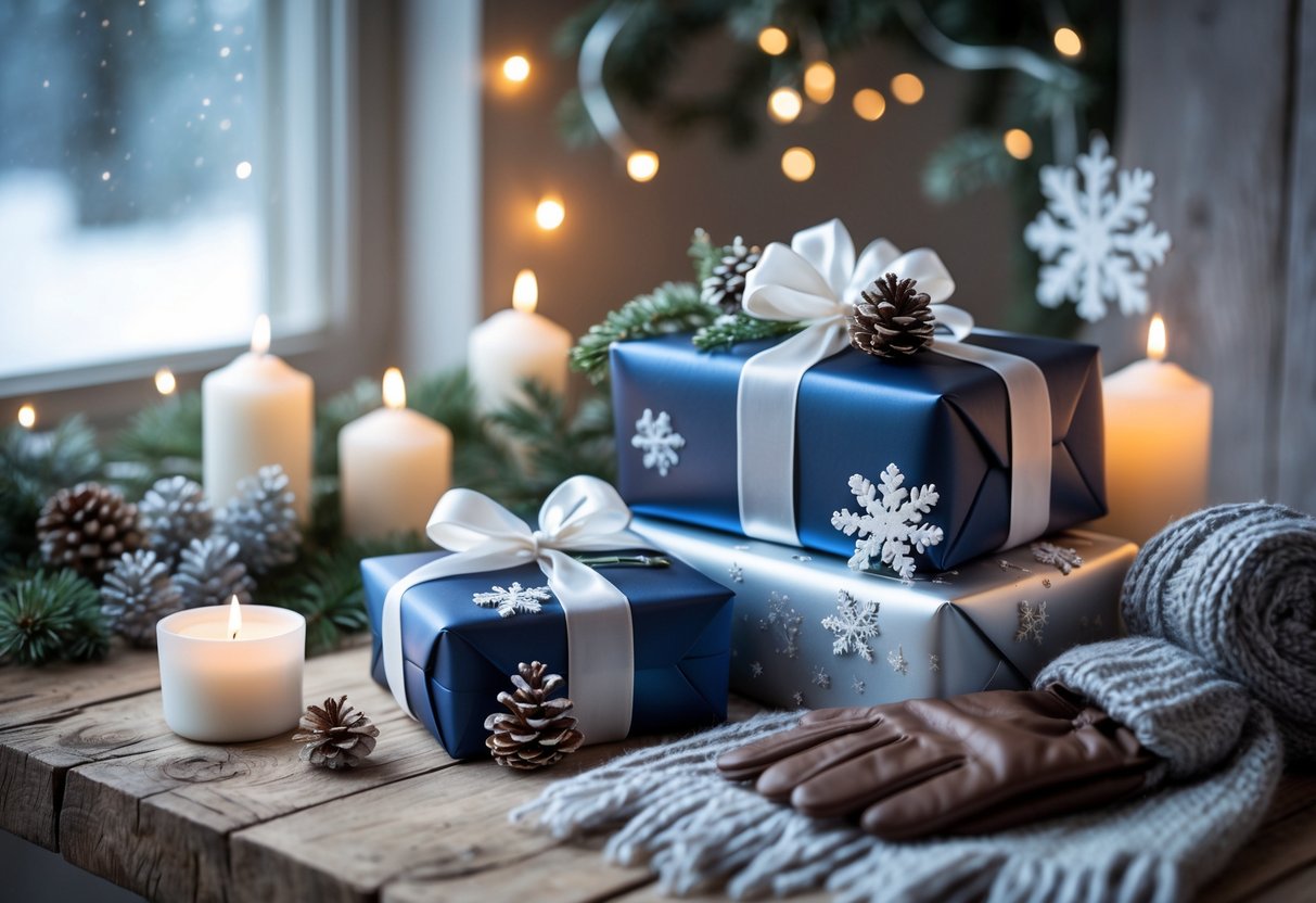 A cozy winter-themed birthday gift display with wrapped presents, winter accessories, and seasonal decorations on a wooden table.