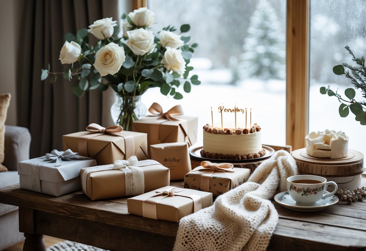 A cozy indoor scene with wrapped birthday gifts, personalized keepsakes, a knitted scarf, winter flowers, a birthday cake, and a cup of tea near a window showing a snowy landscape.