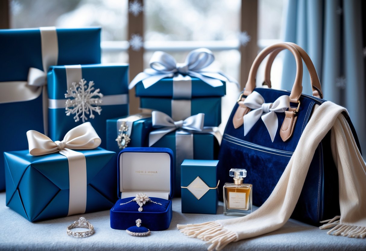 A collection of wrapped luxury gifts including jewelry, perfume, a scarf, and a handbag arranged on a table with a winter-themed background.