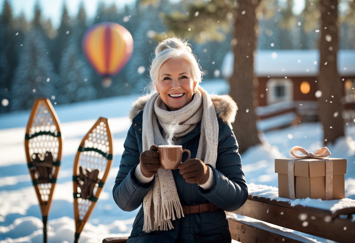 A smiling older woman dressed warmly in winter clothes stands outdoors in a snowy forest holding a cup of hot chocolate, with snowshoes, a wrapped gift, and a hot air balloon in the background.