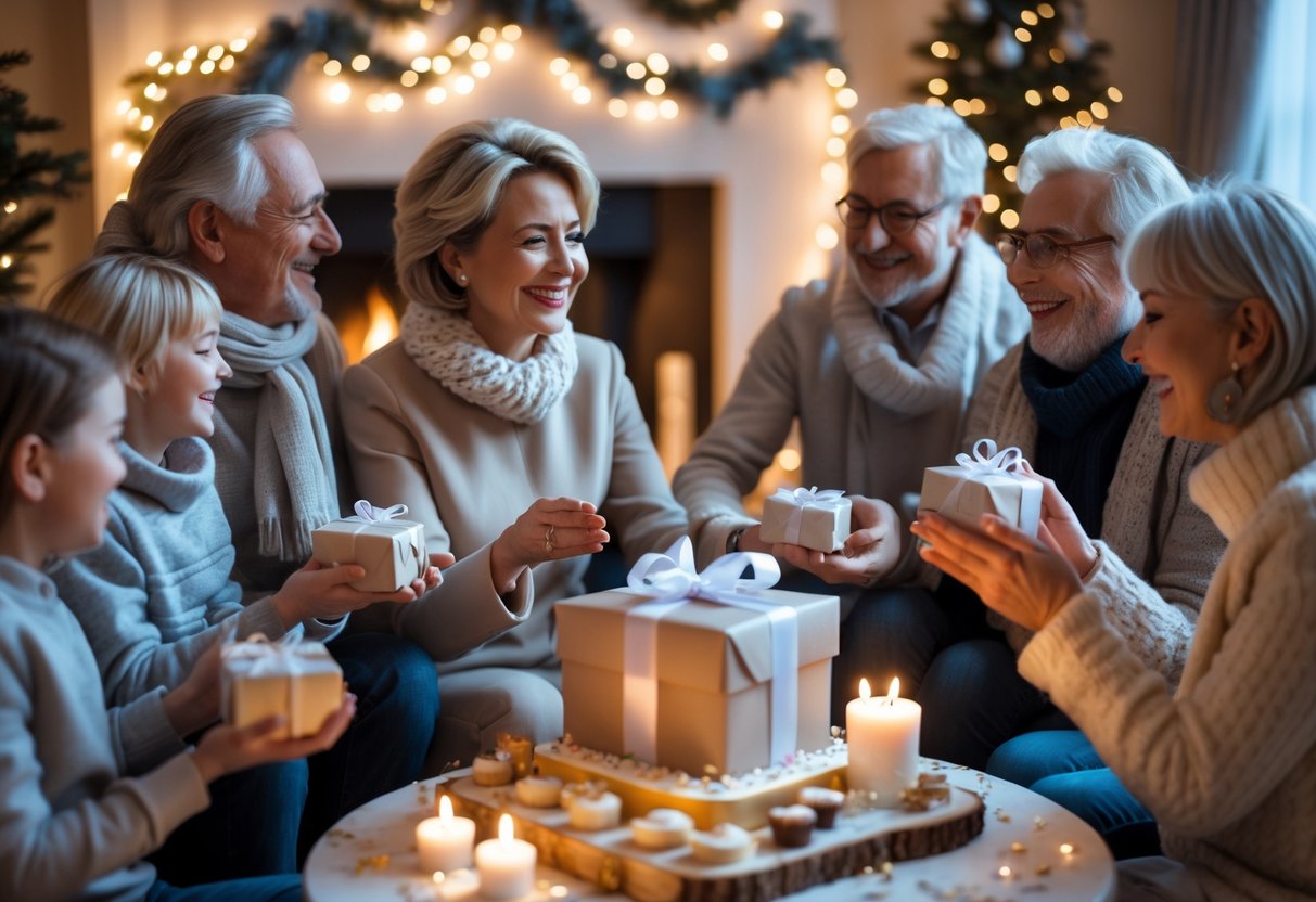 A woman celebrating her 60th birthday indoors with family and friends, receiving a wrapped gift in a cozy winter-decorated room.