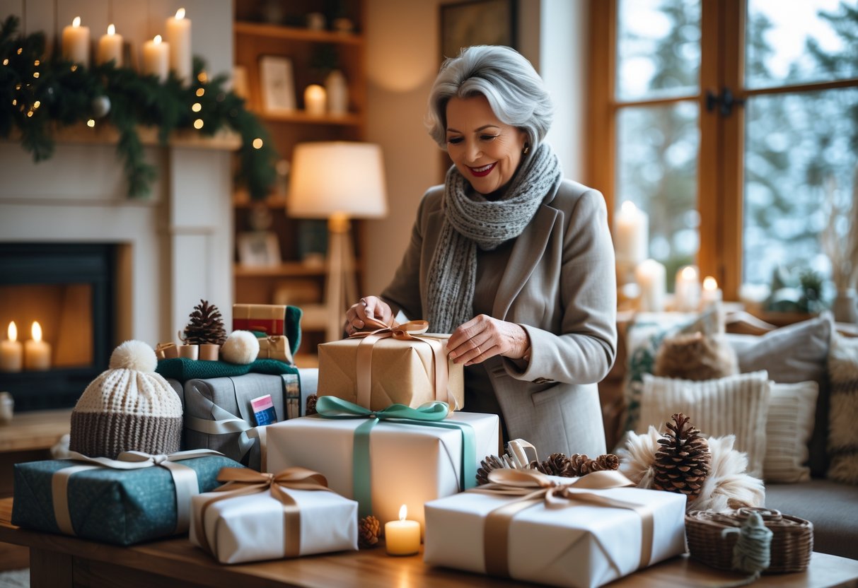 A mature woman opening gifts in a cozy living room decorated for a winter birthday celebration.