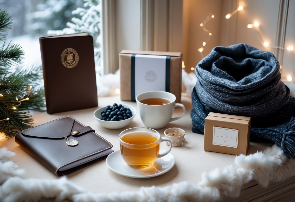 A cozy indoor scene displaying elegant winter gifts for women with PhDs, including a leather notebook, silver necklace, wool scarf, ceramic mug with tea, and a desk organizer, surrounded by winter decorations.