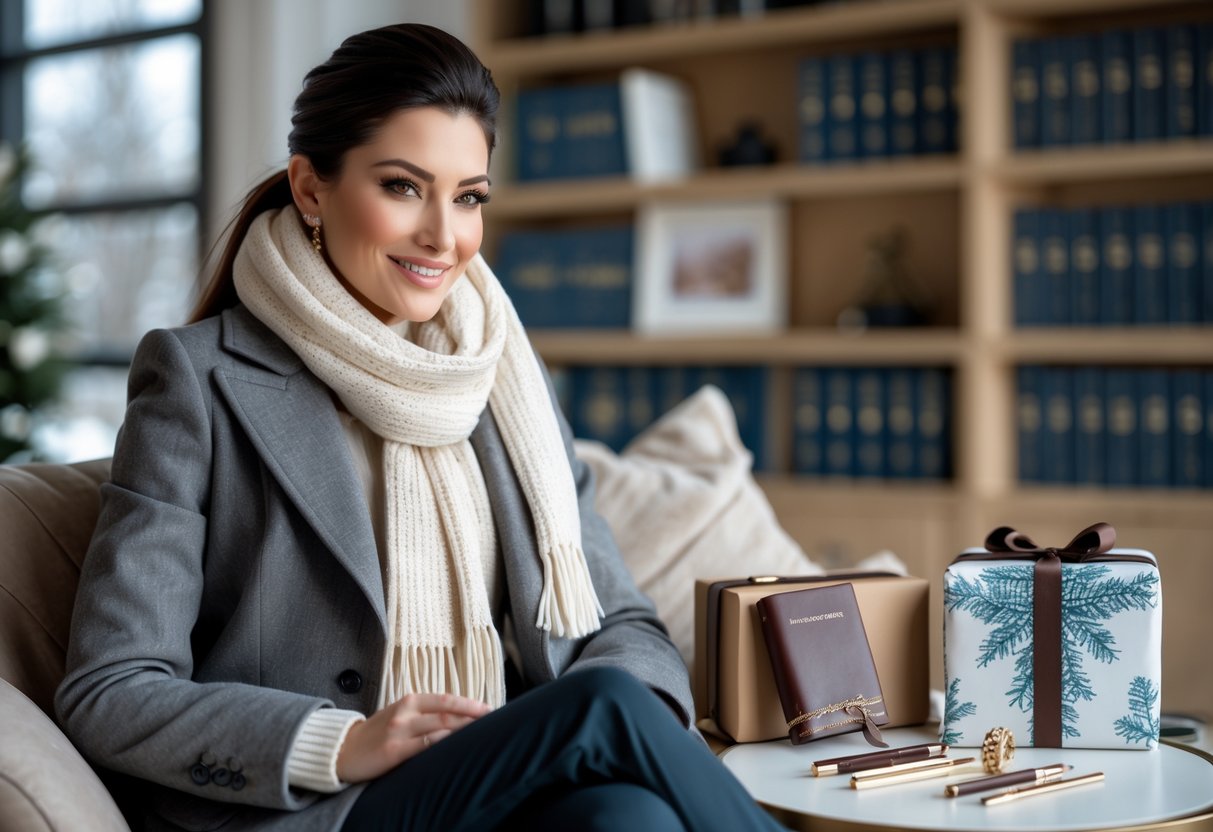 A woman wearing a winter coat and scarf sits in a cozy room with bookshelves and academic books, surrounded by elegant gift items on a table nearby.