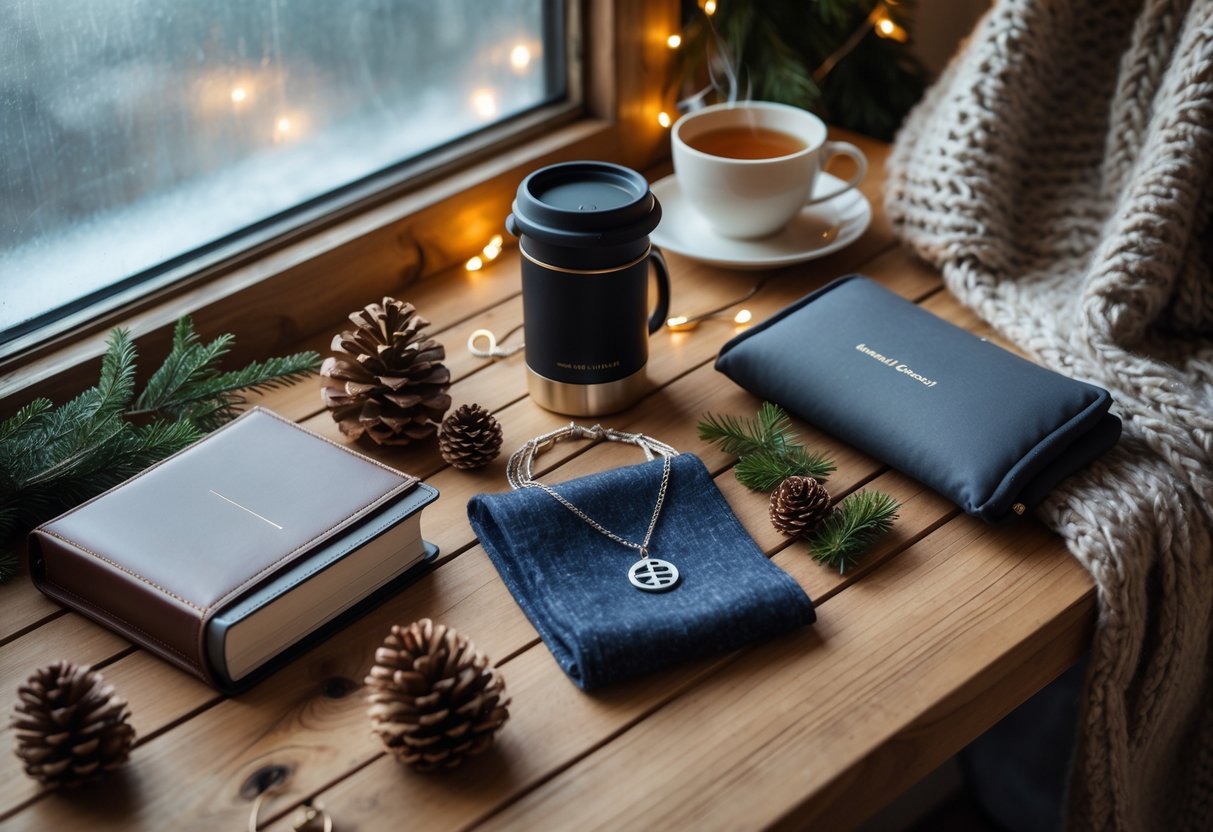 A winter-themed scene with elegant gift items on a wooden table near a frosted window, including a journal, travel mug, necklace, scarf, laptop sleeve, pinecones, evergreen sprigs, and a cup of tea.
