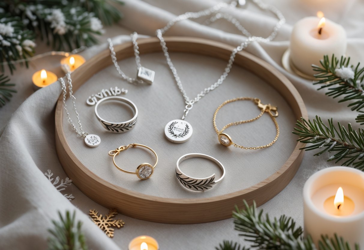A collection of elegant jewelry and accessories arranged with winter decorations on a soft fabric background.
