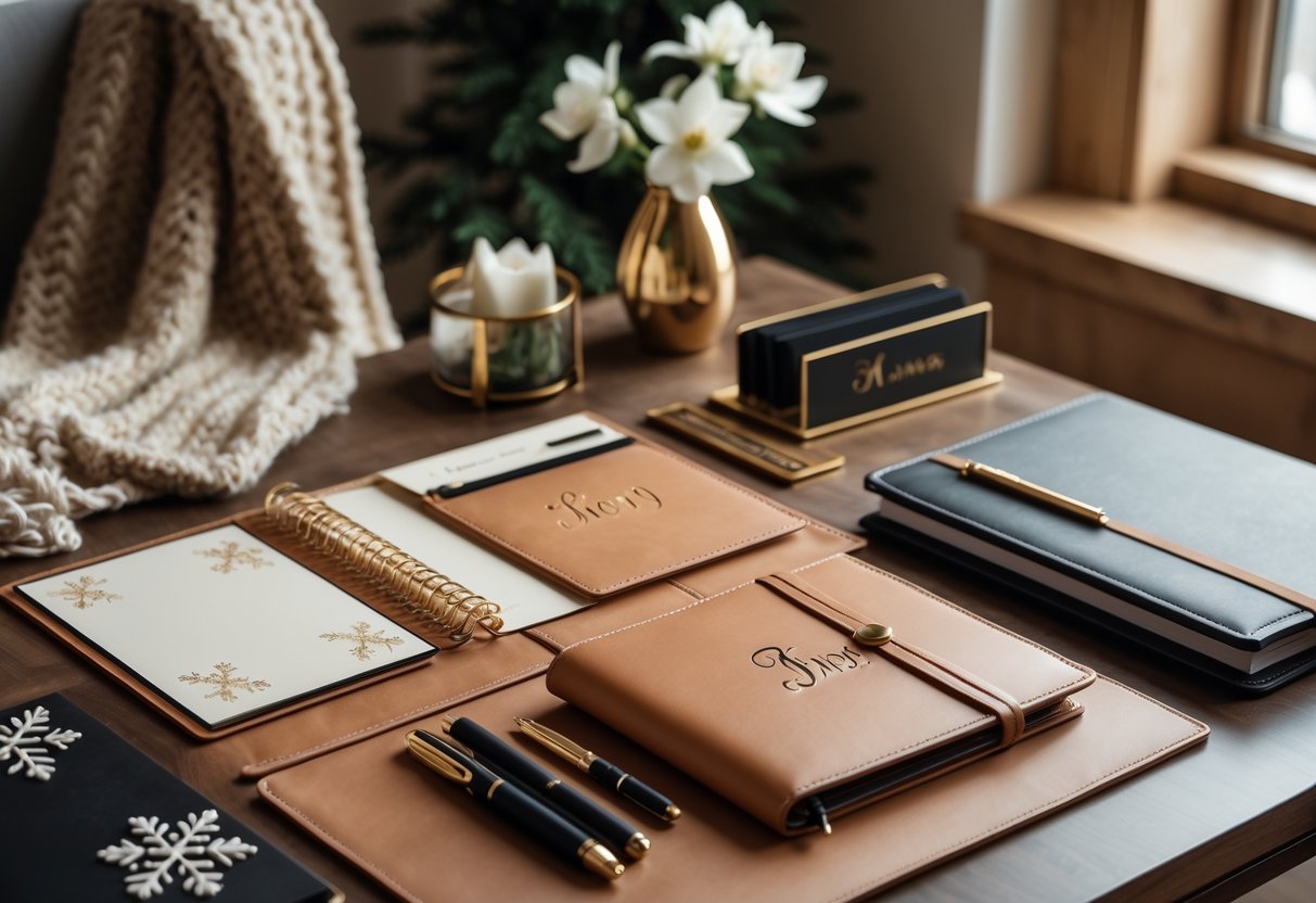 A neatly arranged desk with personalized stationery, a leather notebook, pens, a nameplate, and winter-themed decorative accents.