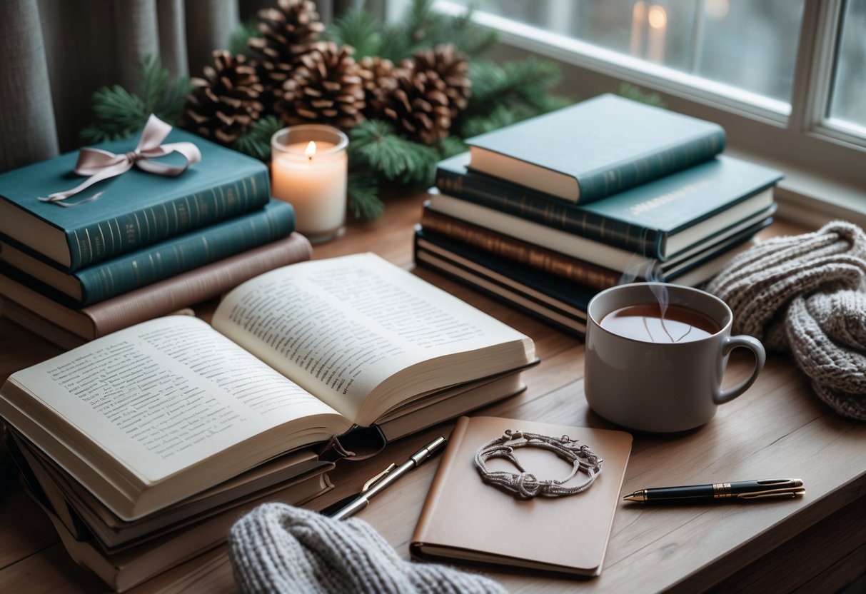 A cozy winter scene with books, journals, and literary gift items arranged on a wooden table near a window with soft natural light.