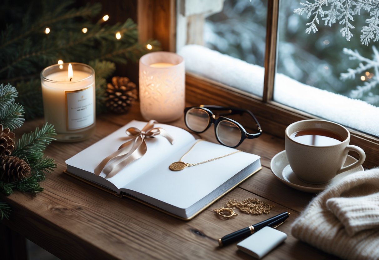 A cozy winter scene with wellness and self-care gifts on a wooden table, including a candle, journal, glasses, necklace, scarf, and a cup of tea, with pine branches and snow visible outside a window.