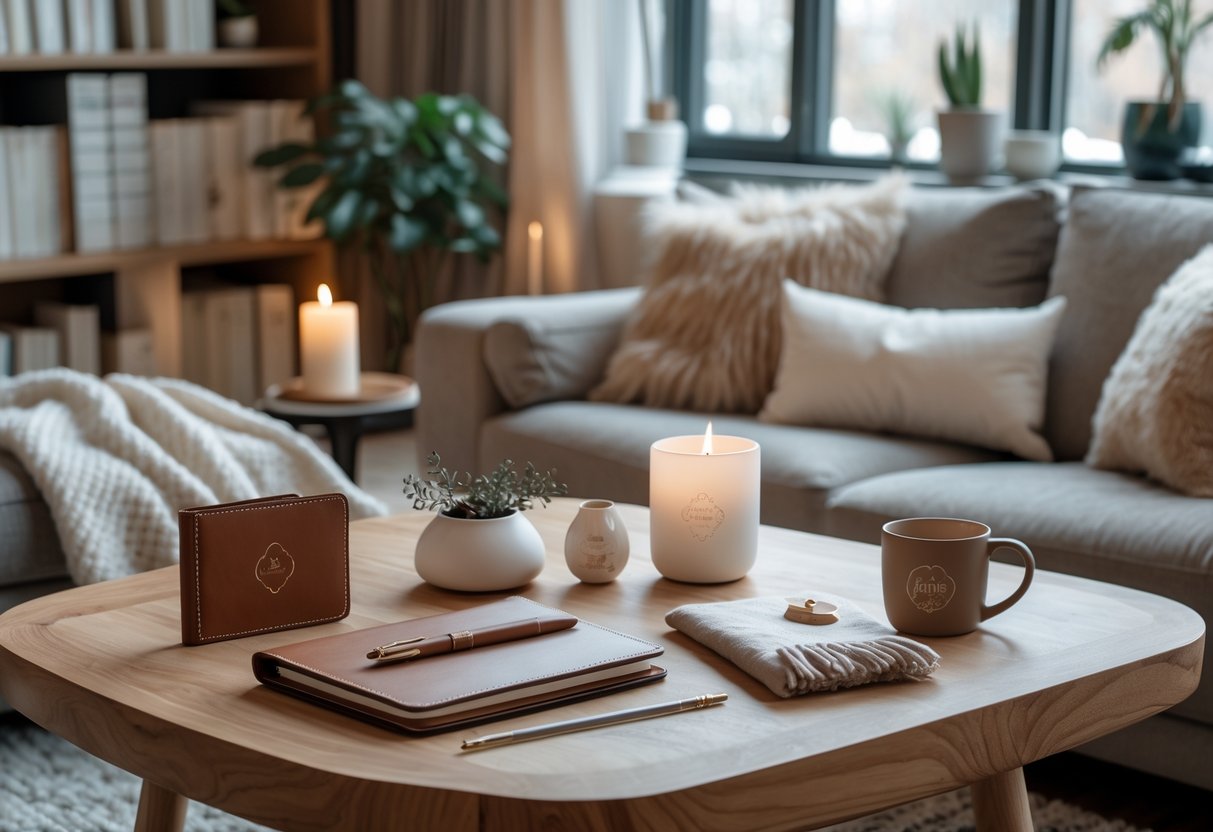 A cozy living room scene with elegant winter-themed gifts on a wooden coffee table, including a leather notebook, fountain pen, silver necklace, ceramic mug, and cashmere throw blanket, surrounded by cushions and warm lighting.