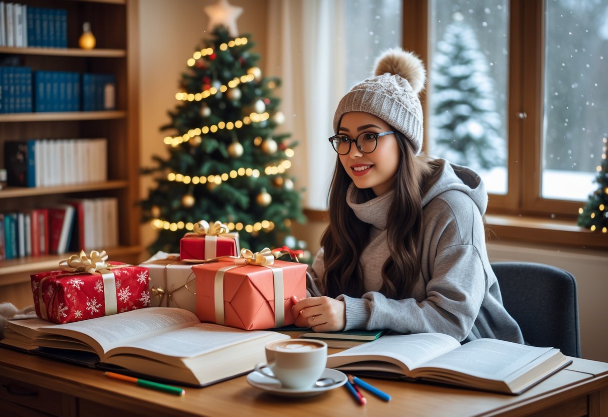 A young woman studying at a desk with wrapped Christmas gifts, books, and a laptop in a cozy room decorated for the holidays.