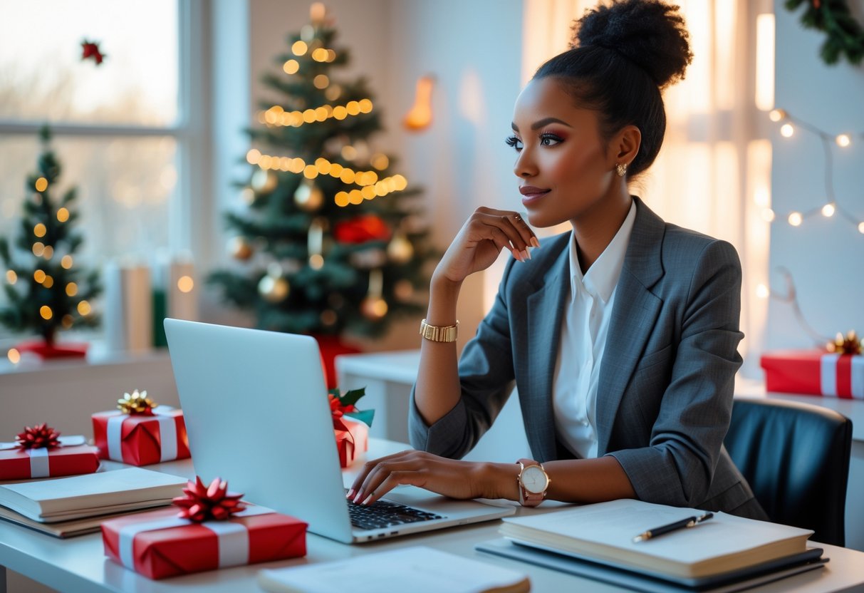 A woman sitting at a desk with books, a laptop, and Christmas decorations, looking thoughtful and hopeful.