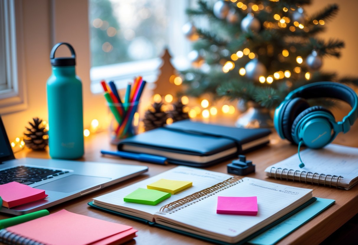 A cozy study desk with a laptop, notebooks, pens, headphones, and Christmas decorations in the background.