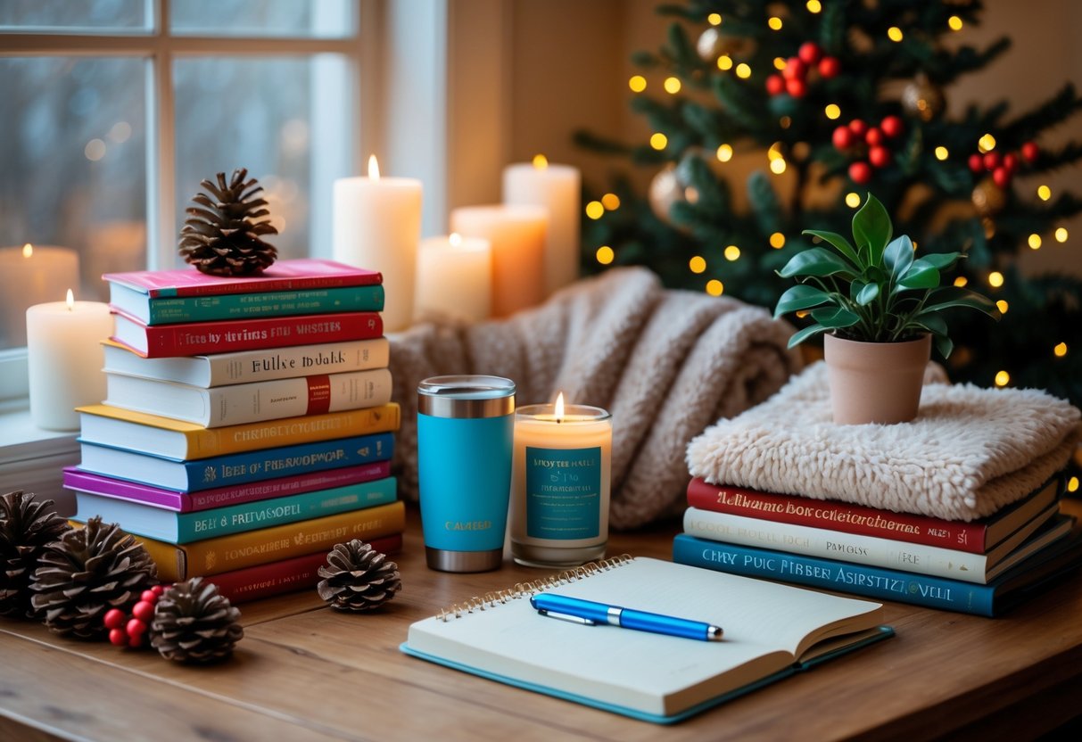 A cozy table with self-care gifts including books, a coffee tumbler, blanket, candles, a journal, glasses, and a small plant, decorated with subtle Christmas elements.