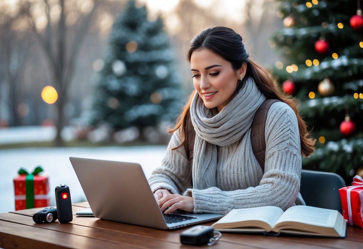 A young woman studying outside in winter with Christmas decorations and personal safety items on the table around her.
