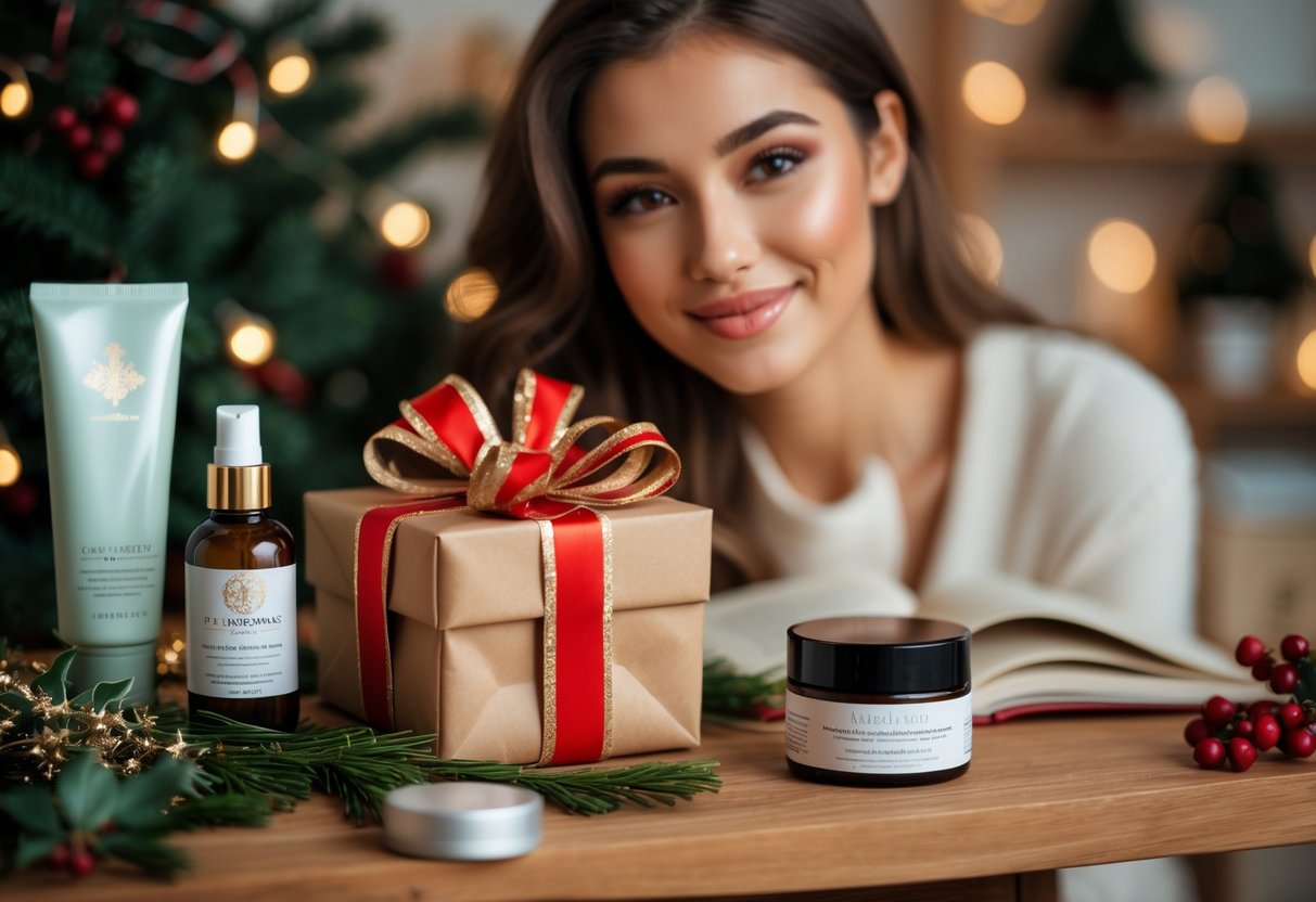 A young woman smiling while holding a book, surrounded by skincare products and Christmas decorations on a wooden table.