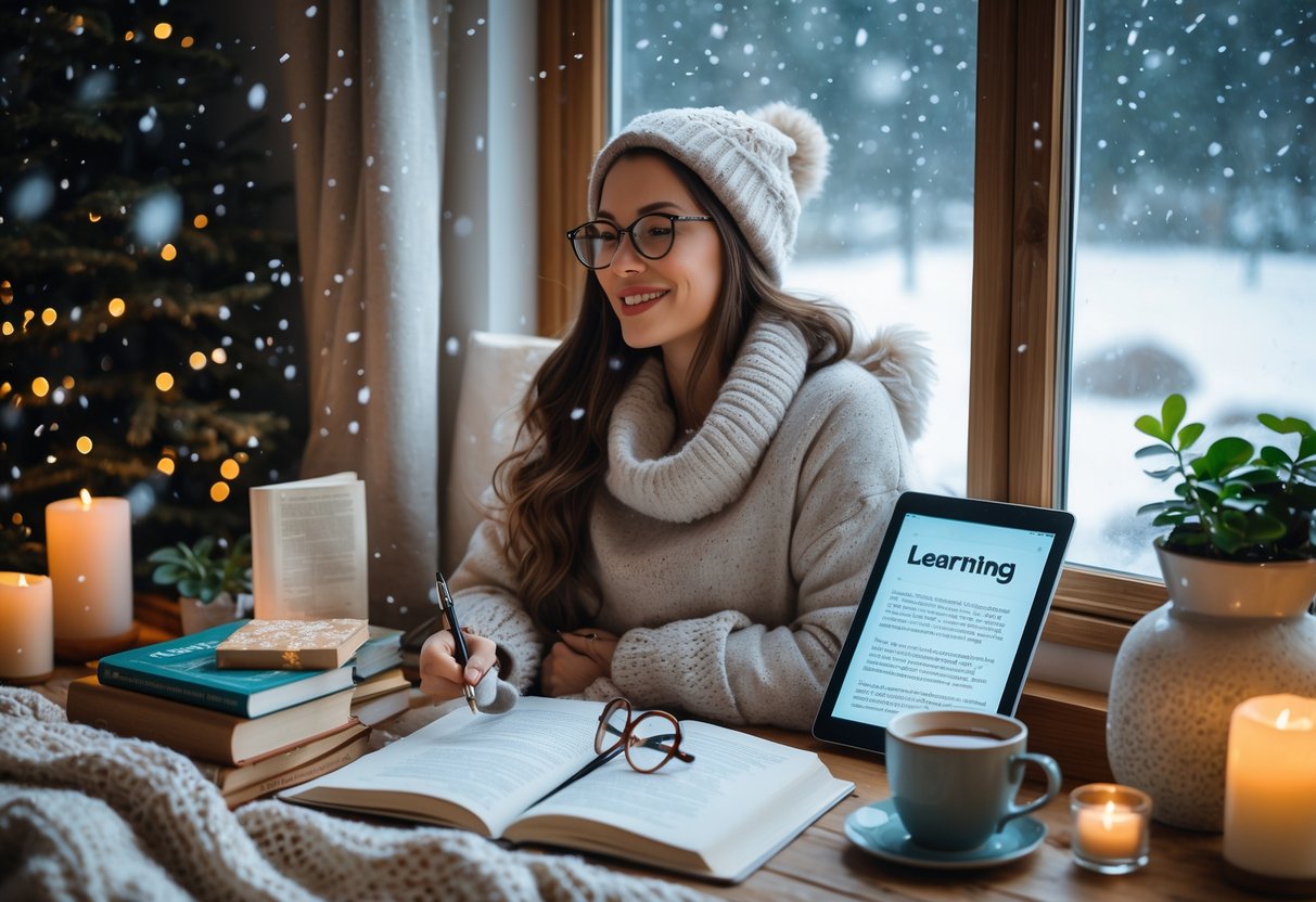 A woman sitting by a snowy window surrounded by books, a tablet, a journal, reading glasses, and a warm drink in a cozy winter setting.