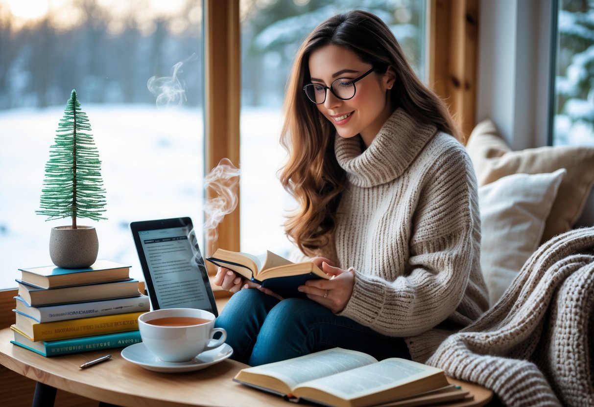 A woman wearing a warm sweater and glasses reads a book by a window with snow outside, surrounded by books, a tablet, a notebook, and a cup of tea on a wooden table.