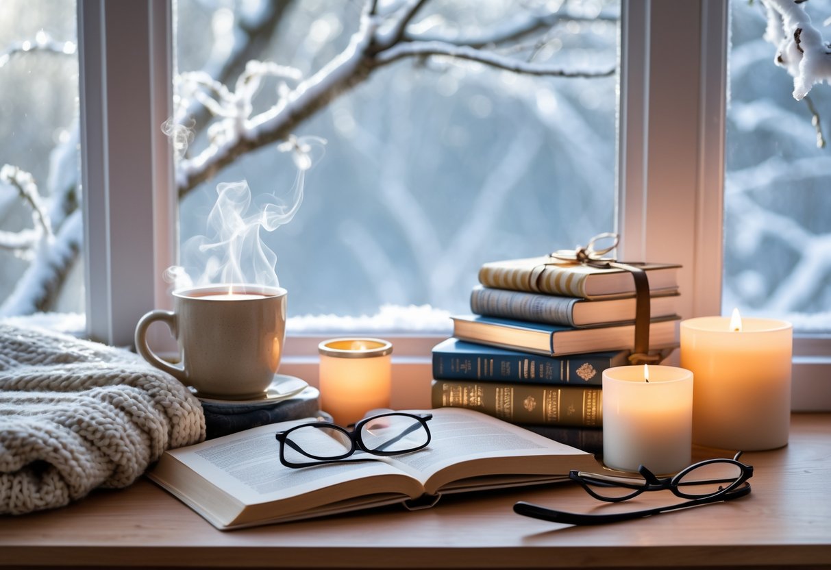 A cozy winter scene with self-care gifts including a blanket, tea, books, candles, and reading glasses arranged on a wooden table by a frosted window.
