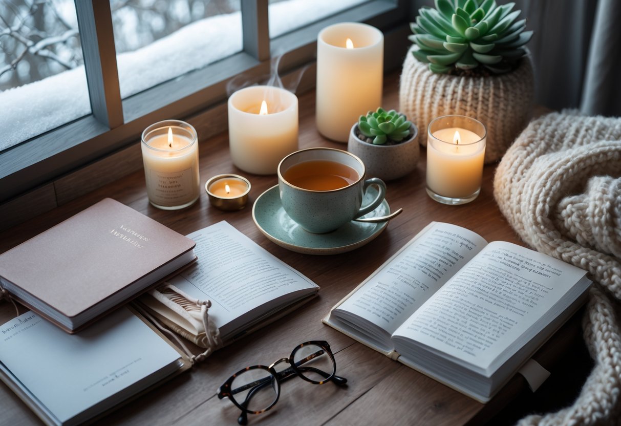 A cozy winter indoor scene with wellness gifts including a journal, mindfulness book, tea, candles, reading glasses, and a small plant on a wooden table near a window with snow outside.