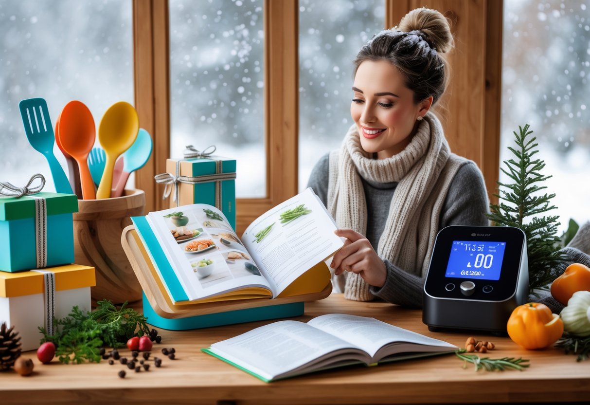 A woman in a cozy kitchen reading a cookbook surrounded by cooking tools, fresh ingredients, and winter decorations.