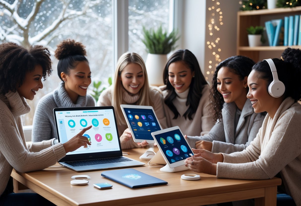Women in a cozy winter workspace using laptops, tablets, and tech gadgets for learning and collaboration.