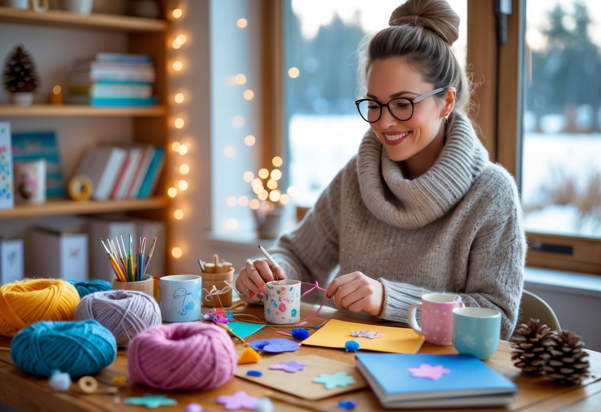 A woman working on handmade crafts at a table inside a cozy room with winter decorations and a snowy window view.