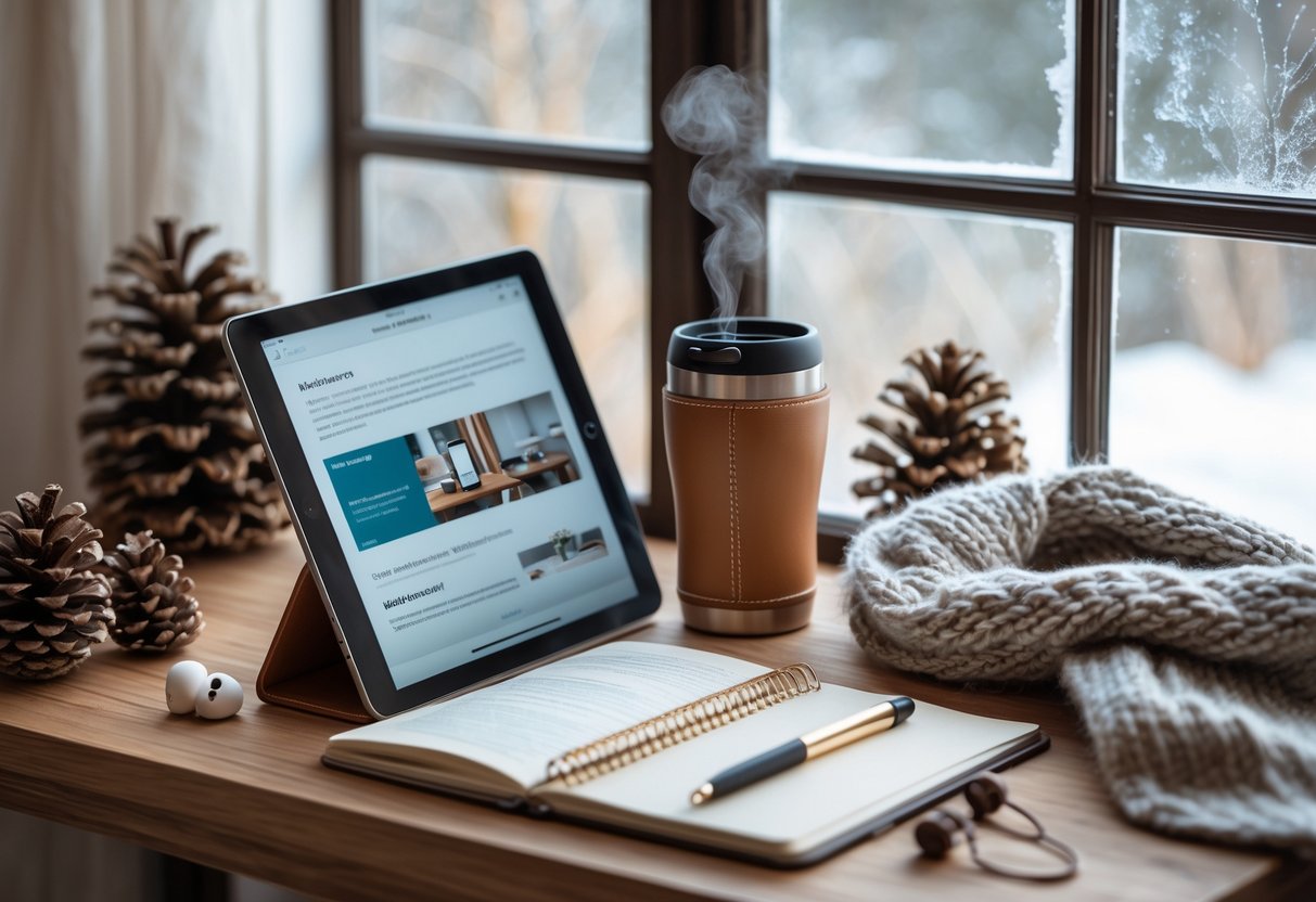 A wooden table with a tablet, travel mug, wireless earbuds, notebook, pen, and knitted scarf near a frosted window showing a snowy winter scene.