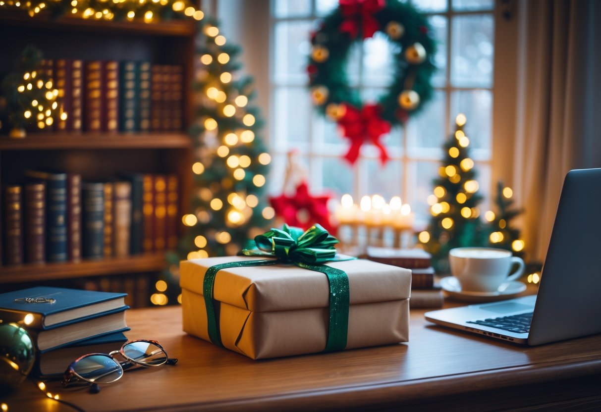 A cozy study corner decorated for Christmas with a wrapped gift, books, reading glasses, a laptop, and a cup of coffee on a wooden desk.