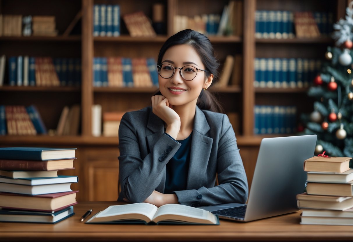 A confident woman sitting at a desk with books and a laptop in a cozy study room decorated for Christmas.