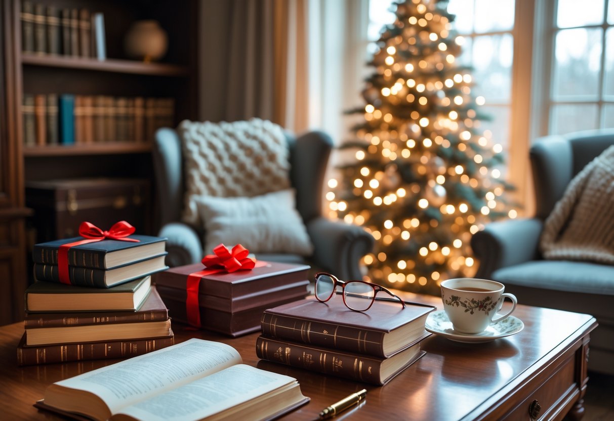 A cozy study room with a wooden desk holding wrapped books, a journal, reading glasses, a fountain pen, and a gold book pendant necklace, next to a cup of tea, with a Christmas tree and armchair in the background.