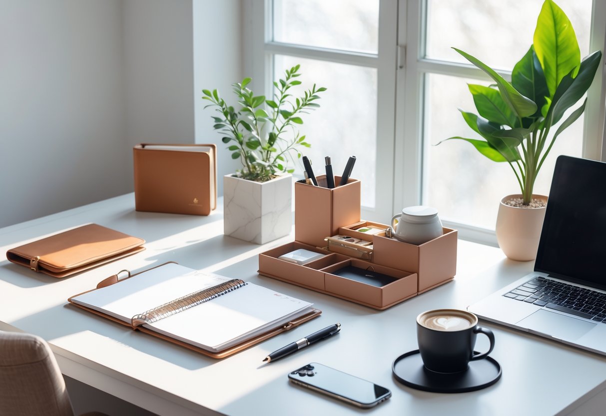 A tidy desk with productivity gifts including a leather planner, pen set, desk organizer, notebook, laptop, coffee cup, and a small plant near a window.
