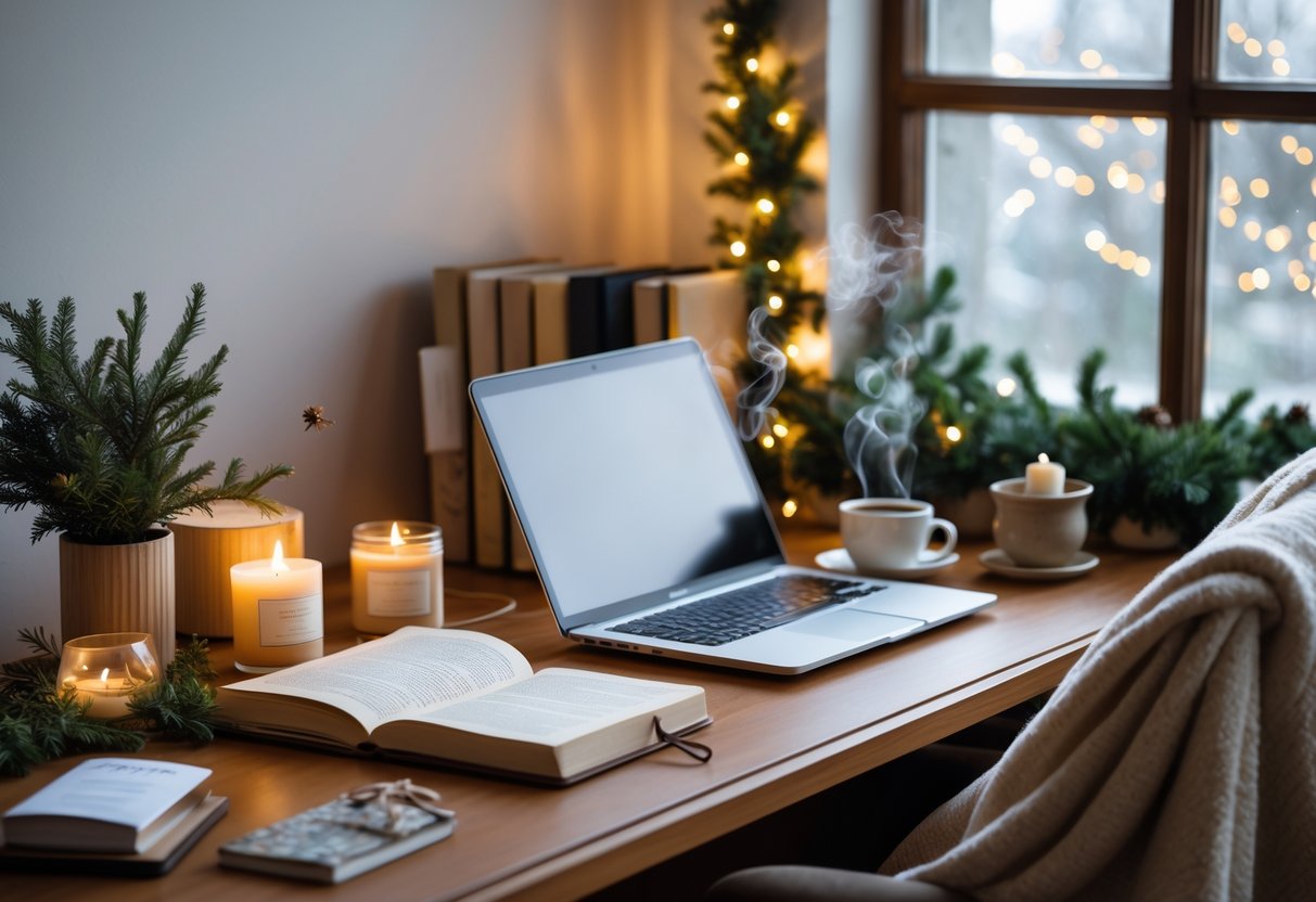 A cozy workspace with academic books, a laptop, tea, wellness products, and holiday decorations creating a warm, inviting atmosphere.