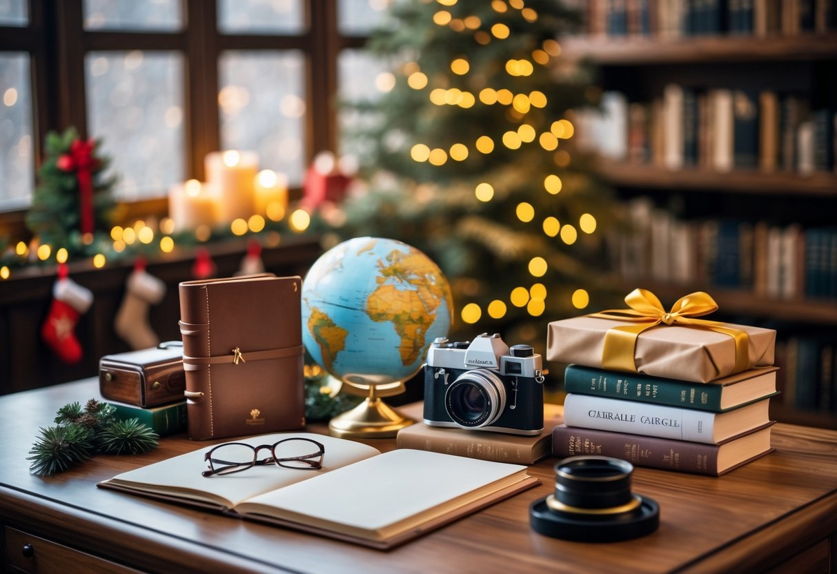 A cozy study desk with travel and academic gifts including a journal, globe, camera, reading glasses, books, and a wrapped present with Christmas decorations in the background.