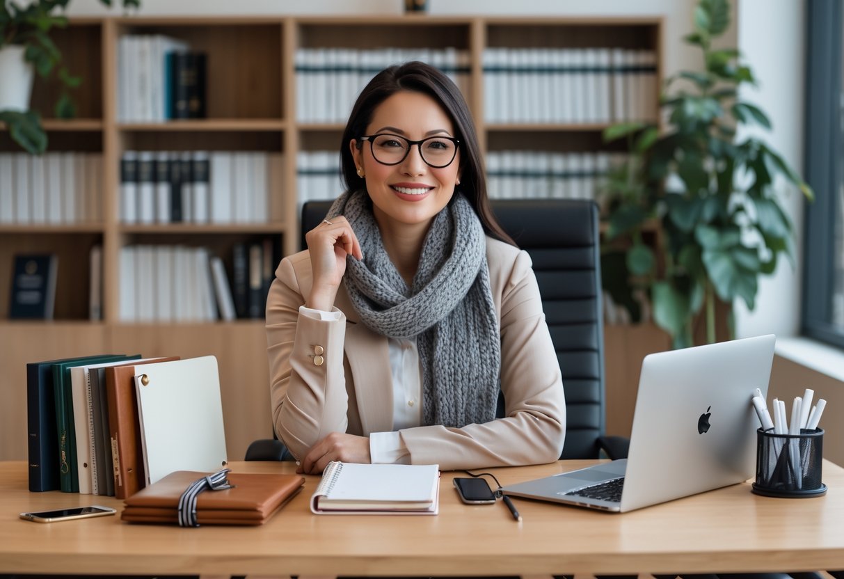 A woman sitting at a desk in a modern office surrounded by academic-themed Christmas gifts and books.