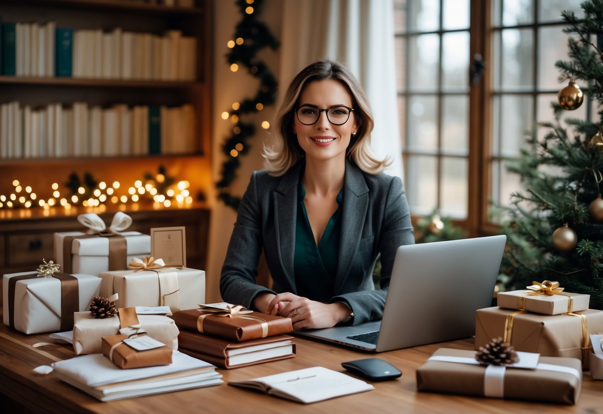 A woman wearing glasses sits at a desk surrounded by books and wrapped Christmas gifts in a cozy room decorated for the holidays.