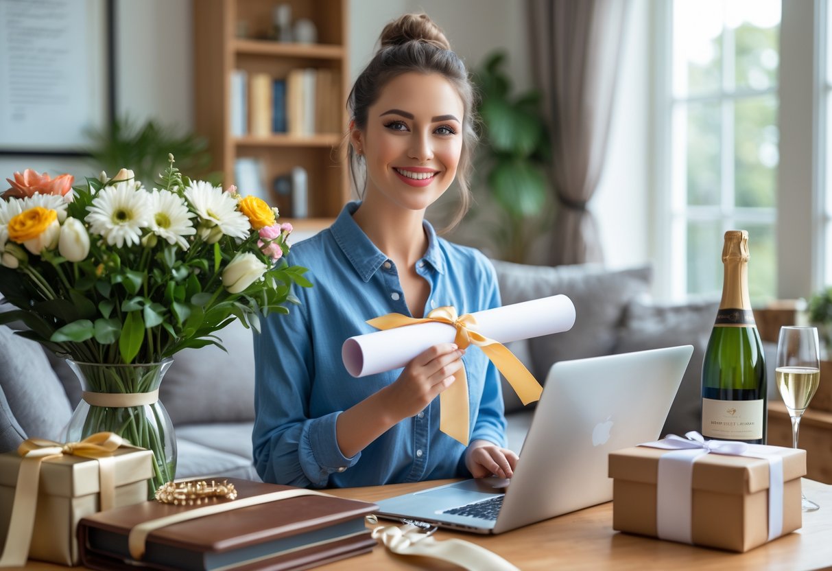Young woman holding a diploma surrounded by gifts including flowers, a journal, jewelry, and wine in a cozy living room.