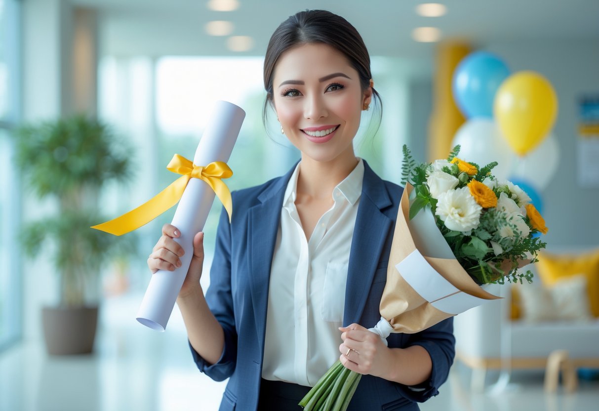 A young woman holding a diploma and flowers, smiling proudly in a bright indoor setting with celebratory decorations.