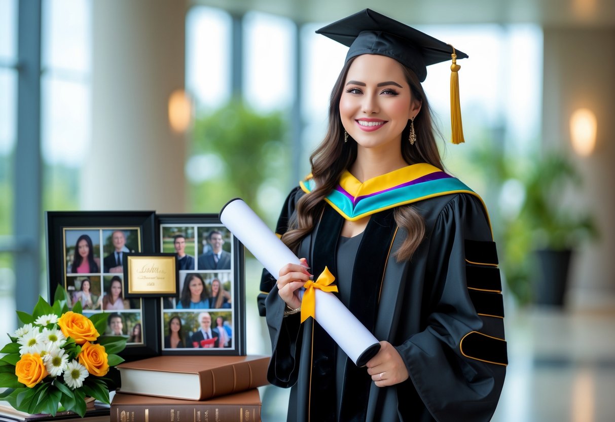 A young woman in graduation attire holding a diploma, surrounded by personalized gifts and flowers, smiling proudly.
