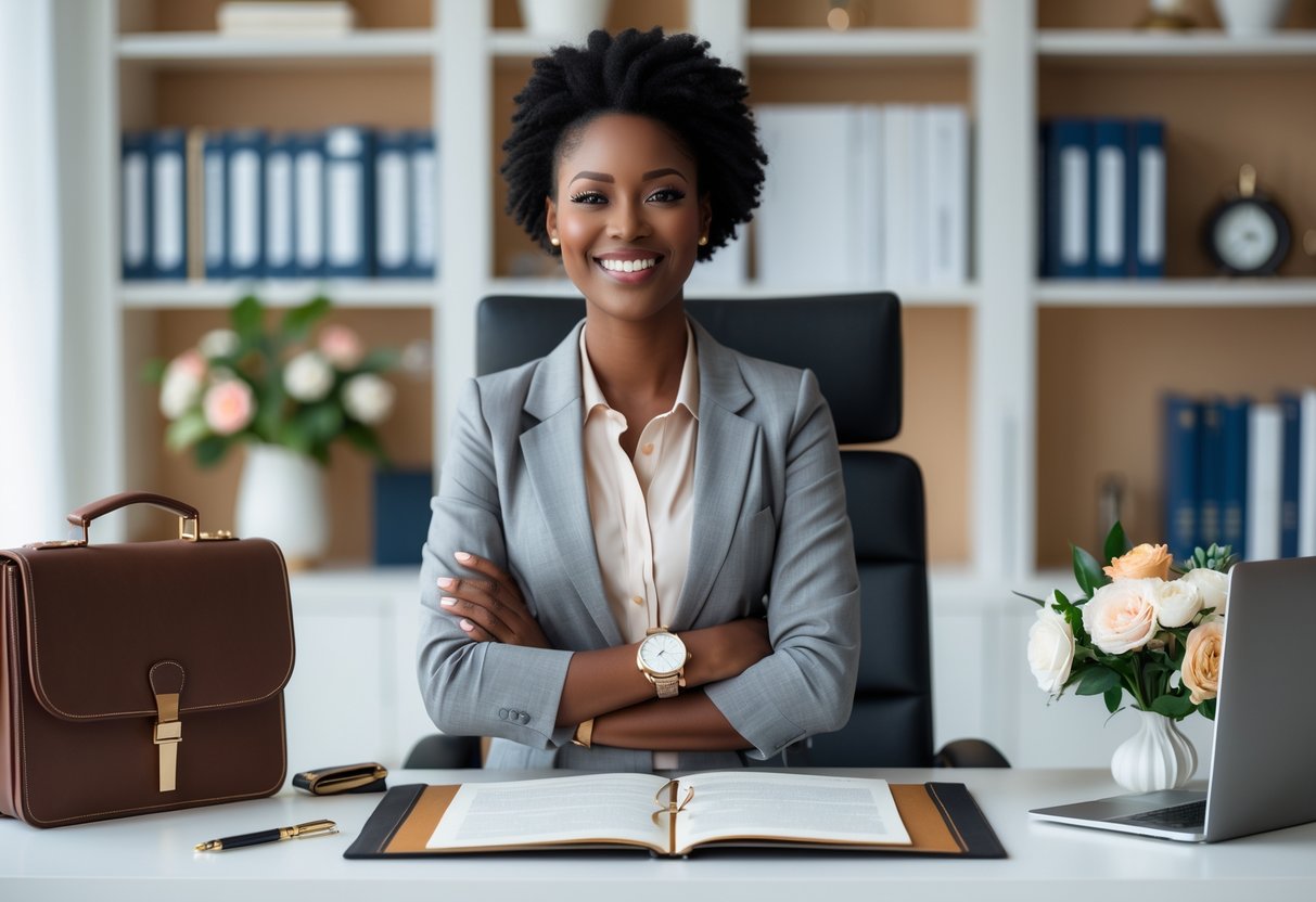 A young woman celebrating her doctorate surrounded by professional and academic gift items in a bright home office.